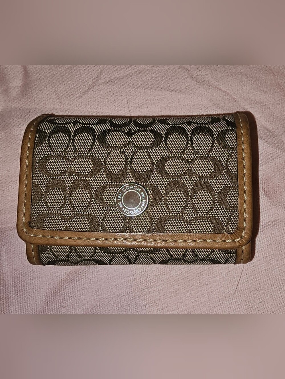 Coach Brown Signature Jacquard Contact Lense Case with Tan Leather Trim
